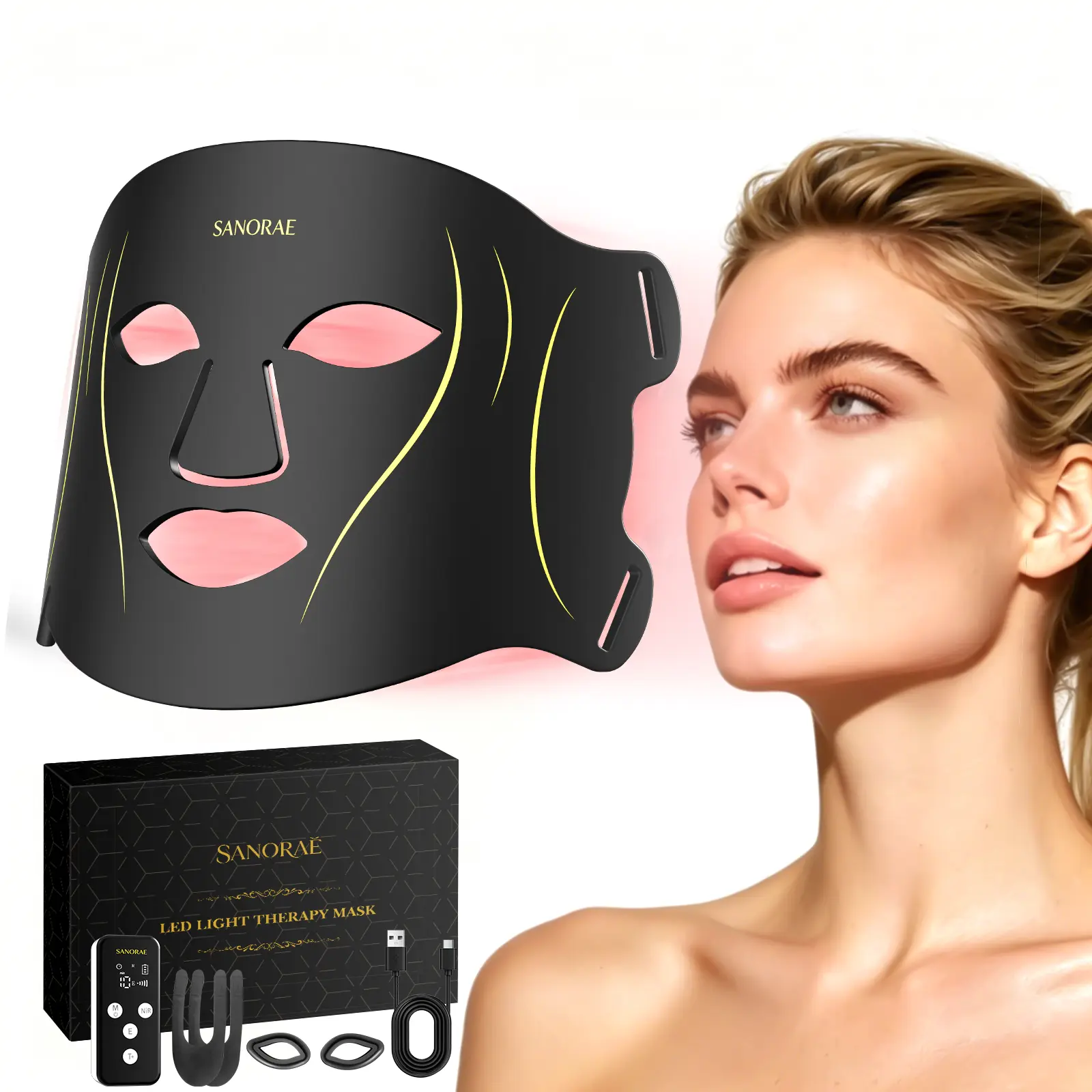 SANORAE Red Light Therapy Mask for Face - LED Face Mask with 850nm NIR, Red, Blue & Amber Light Therapy, 10-Min Timer, 3000mAh Rechargeable LED Face Mask for Skincare at Home and Travel, Summer Beauty Gift Ideas
