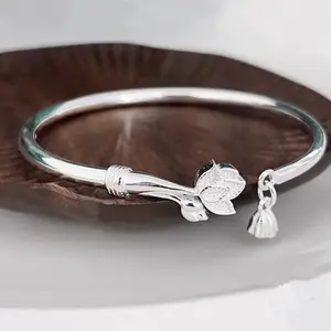 Silver copper bracelet with lotus pendant - simple Chinese style, multifunctional opening bracelet, suitable for daily and party occasions, elegant bracelet gorjana bracelet bala bangles jefa daughter bracelet wishbone band jade bracelets