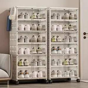 Multi-layer transparent plastic shoe cabinet - space-saving standalone dust-proof design, easy to assemble for home/office use, compact vertical shoe rack, modern aesthetic polypropylene material, space-saving shoe organizer