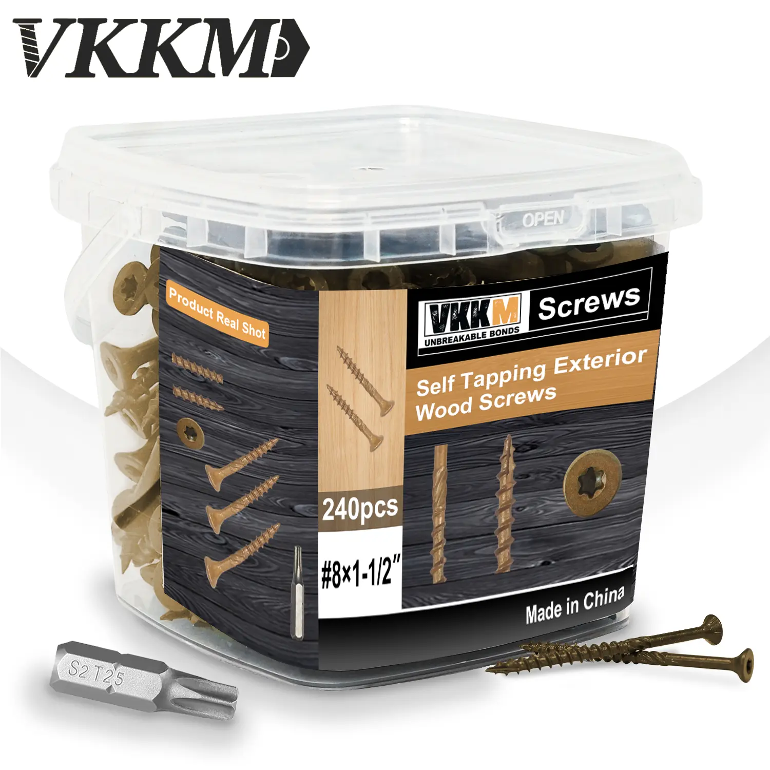 Deck knurled screws, #8#10 wood screws, rust-resistant, external epoxy coating, outdoor self-tapping screws, Torx drive flat head, including T25 star-shaped anti-slip drill bit, yellow
