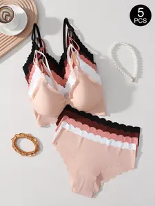 Women's Adjustable Strap Push-Up Bra Set, 5-Piece Comfortable Plain Design, Casual Daily Wear Bras & Panties Combo Pack
