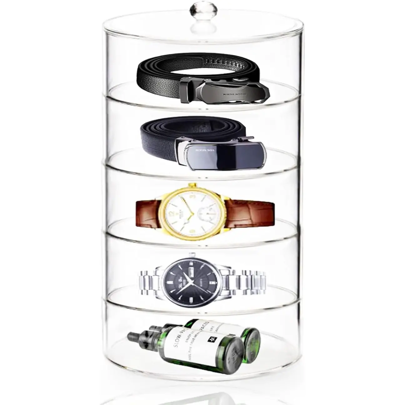 5 Layer Acrylic Belt Organizer, Stackable Clear Belt Storage Organizer Box for Closet, Drawer, Belt, Watches and Other Accessories Transparent Buckle