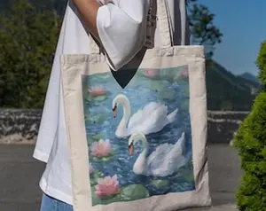 Pink Lotus Flower Swan Tote Bag - Cute Tote Bag, Aesthetic Tote Bag, Tote Bag, Grocery Bag, Book Bag, Swan Bag, Tote Bag Aesthetic #1608