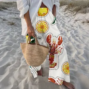 Women's lobster and lemon print wide-leg pants are full of summer vibes. Featuring a vibrant hand-painted pattern, the loose, flowing design exudes a lively seaside feel.