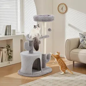 Cactus-Themed Small Cat Tree Tower – 33" Cat Scratching Post with Curved Bed, Hideout & Interactive Toys for Feline Play & Relaxation,Easy to Install,a cozy cat nest at the bottom,Cactus-Themed Big Cat Tree Tower 21.5" x 15.6" x 33.1" Inch,Grey Color