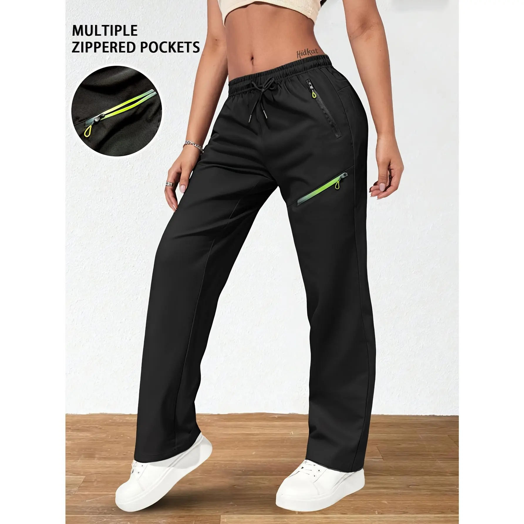 Women's Multiple Zipper Pocket Drawstring Pants, Loose Straight-Leg Casual Sport Pants for Daily Wear & Workout