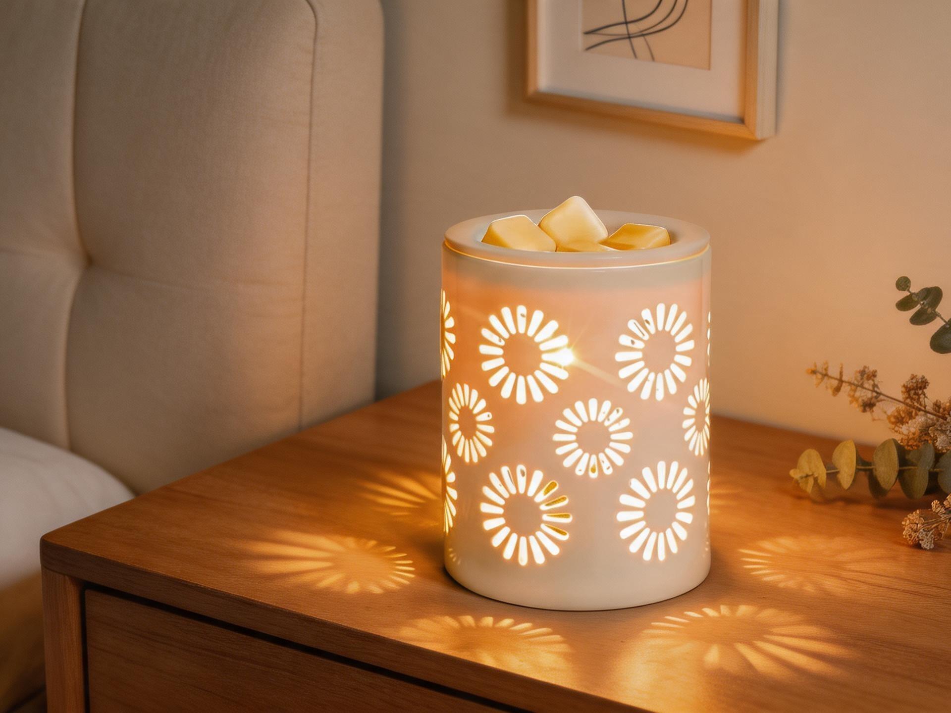 Ceramic electric wax warmer with Edison bulb lighting. It melts scented wax and burns essential oils, featuring sunflower details. Perfect for home aromatherapy and gifting.
