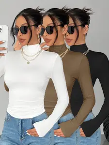 Women's 3-Piece Fall Winter High Neck Long Sleeve Fitted T-Shirt Set, Pure Color Cinched Waist Gathered Bottoms, Wearable Underlayer Outerwear