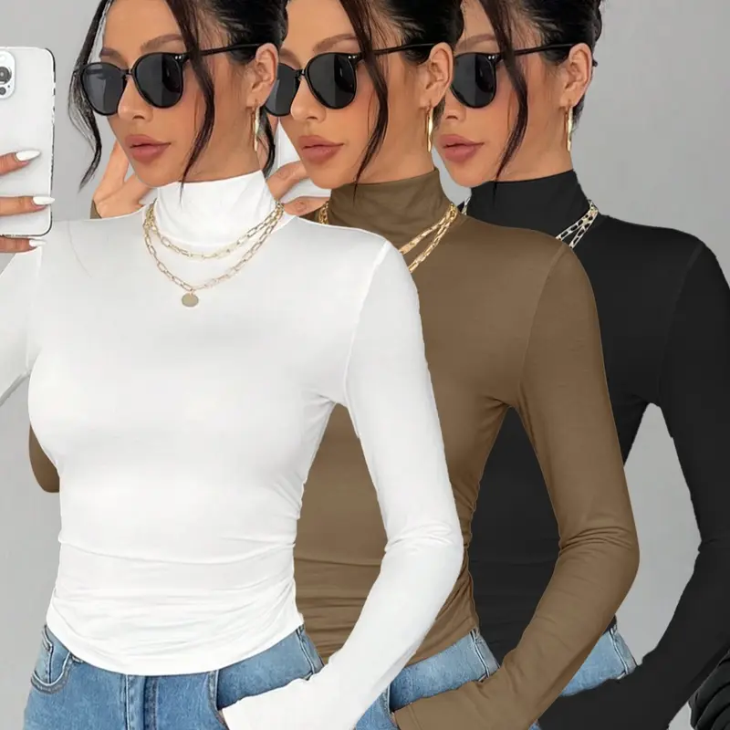 Women's Plain Basic High Neck Waist Cinch Ruched Long Sleeve T-Shirt Set, Casual Fitted Daily Wear Top for Fall & Winter Layering, All Seasons Wear