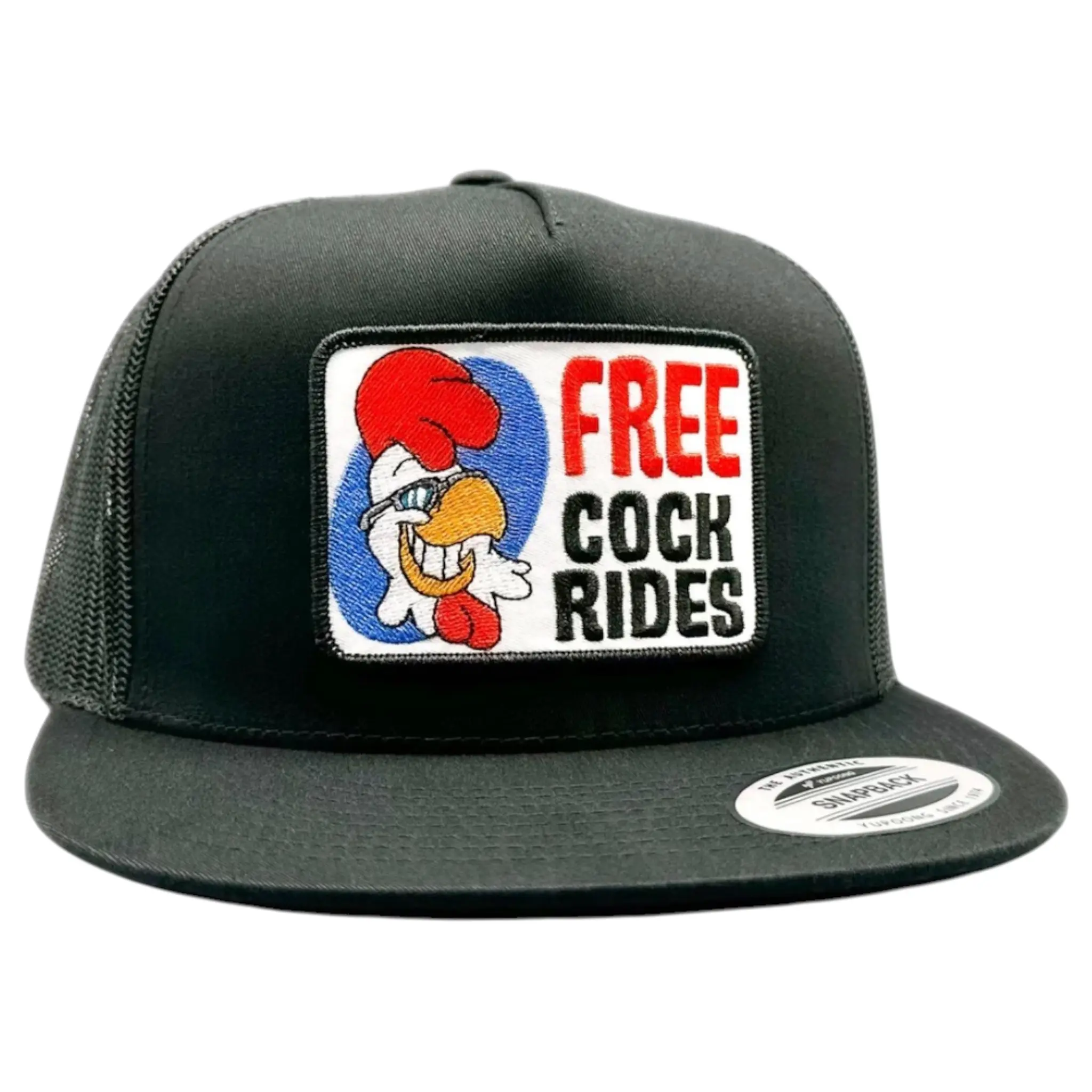Free C Rides Funny Patch on Yupoong Trucker Hat / YP 6006 Classics Five Panel Cap