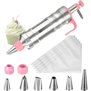 Dessert Decorating  Set, Frosting Piping Kit icing piping kit  Grade Stainless Steels (6 pro piping tips shooters 50 disposable piping bags) For Baking, Decorating Cupcake, Deviled Eggs