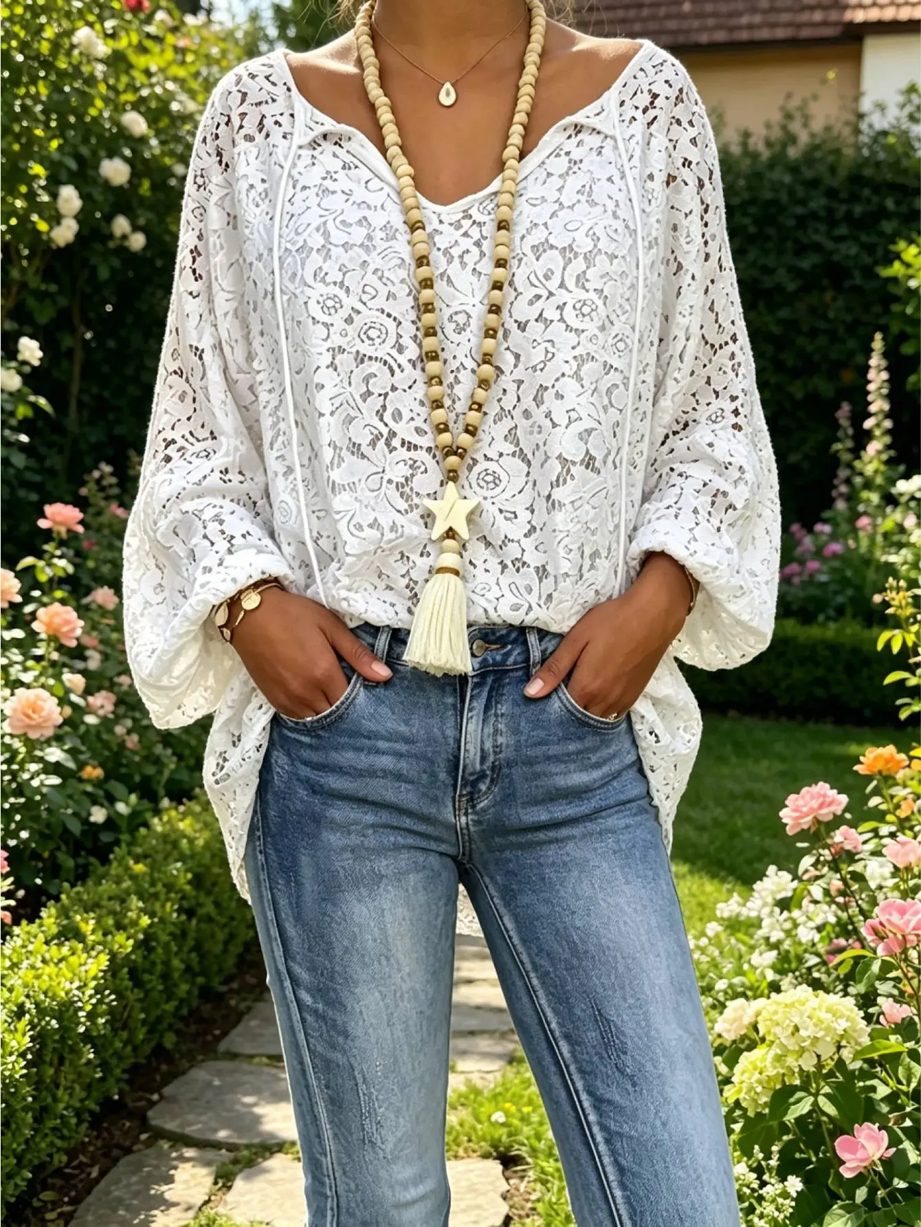 White Crochet Lace Blouse for Women, Long Sleeve V-Neck Tie Neck Loose Fit Bohemian Casual Top