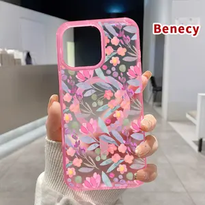 Magnetic Soft Case for iPhone 15 16 14 Pro Max 13 12 11 XR XS Plus E Floral Watercolor Symphony Pattern Shockproof ultra-thin Silicone Crystal Transparent Protective Cover Supports Wireless Charging