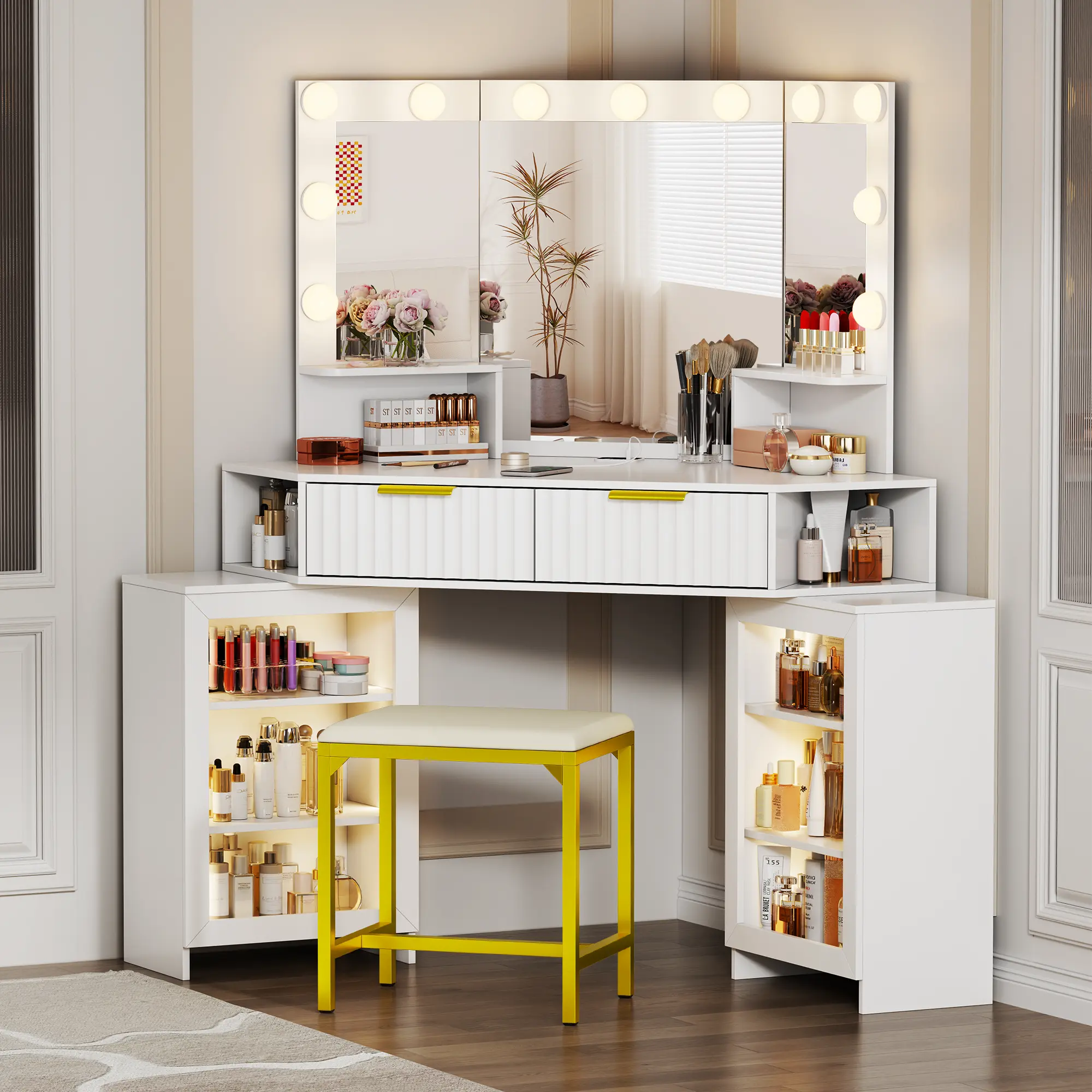 FREDEES Vanity Desk Furniture - Corner Design with LED Lights Mirror, Power Outlet, Large Countertop, Adjustable Partitions, Labeled Parts, 3 Lighting Modes, Storage Drawers & Chair, Assembly Required for Bedroom/Living Room, Ideal Gift, 3 Led Lights, Usb