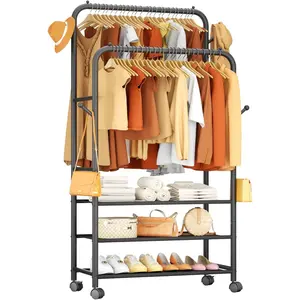 Clothes Rack for Hanging Clothes, Portable Rolling Garment Rack, Sturdy Metal Freestanding Rack with Wheels, Double Rods Wardrobe Rack for Bedroom, Laundry, Living Room