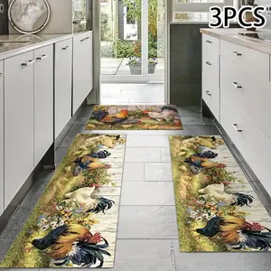 Easter Kitchen Mat Set 2pcs/3pcs, Farmhouse Kitchen Rug, Absorbent Lightweight Washable, Spring Home Decor, Easter Garden Rooster Pattern, Ideal Gift