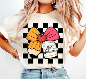 personalized teacher shirt, custom teacher name tee, teacher appreciation gift, pencil bow teacher shirt, cute teacher outfit, back to school tee, custom name teacher shirt, trendy teacher graphic tee, elementary teacher outfit