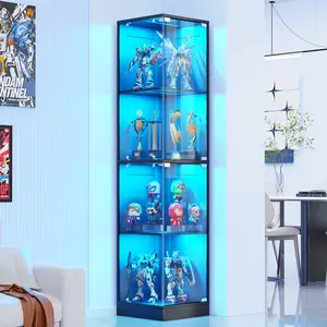 MIIFUNY Corner Display Cabinet with Glass Doors, Curio Cabinet with 3 Color LED Lights for Collectibles, 4-Tier Display Case with Human Body Sensor for Toys, Books, Black