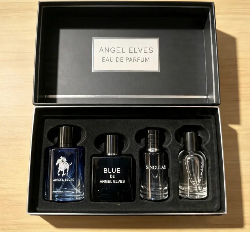 Premium 4 in 1 Travel Men Cologne Set Angel Elves Woody Aquatic Clean Musk Fragrance Kit, Sleek Black Silver Luxury Ready Gift Box Perfect Gift For Boyfriend Husband Dad Anniversary Christmas Graduation