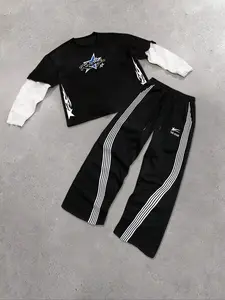 Men's Star Print 2 in 1 Sweatshirt & Stripe Sweatpants Set, Regular Fit Casual Round Neck Long Sleeve Pullover & Drawstring Waist Trousers, Men's Spring & Fall Clothes