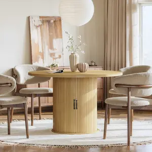 47" Round Dining Table for 4, Modern Fluted Circle Table with 2-Layer Storage and Sliding Door, Farmhouse Dinner Tables for Kitchen, Living Room,