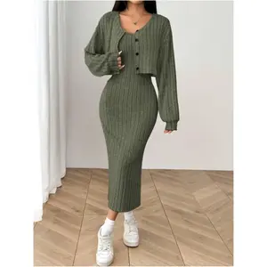 Women’s autumn–winter Korean casual two-piece set featuring a long-sleeved cardigan wool sweater and a camisole midi dress; slim and elegant, suitable for everyday wear. GARMENTARY