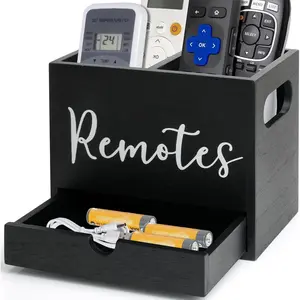 Remote Control Holder, Wooden TV Controller Holder, Desk Organizer with 2 Compartment and Drawers for TV & Office Supplies, Ideal for Tabletop (Black)