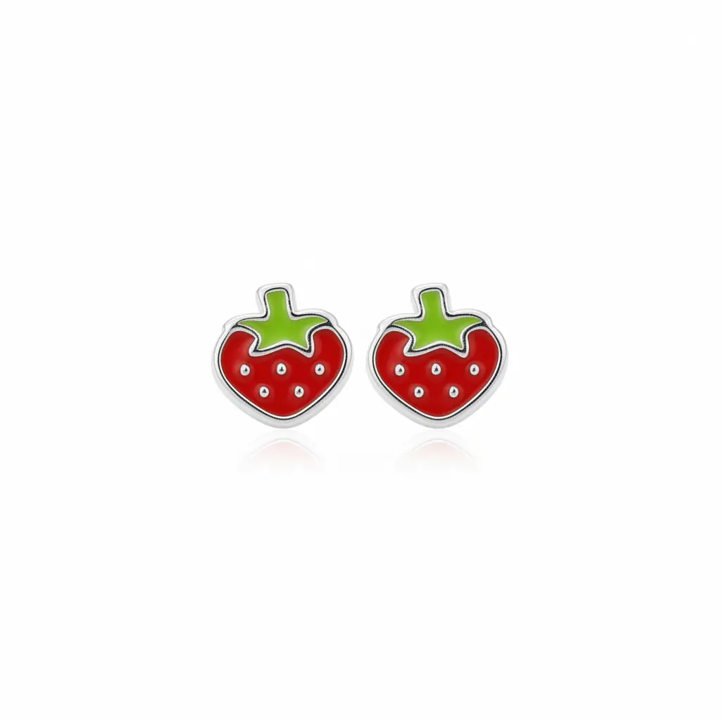 Red Green Enamel Strawberry Stud Earrings 925 Sterling Silver 6mm