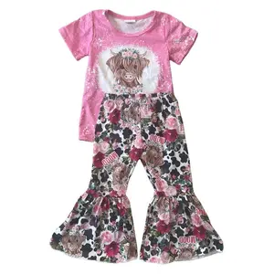 Girl Bell Bottom Outfit Highland Cow Westerm Clothing Set Spring Outfit