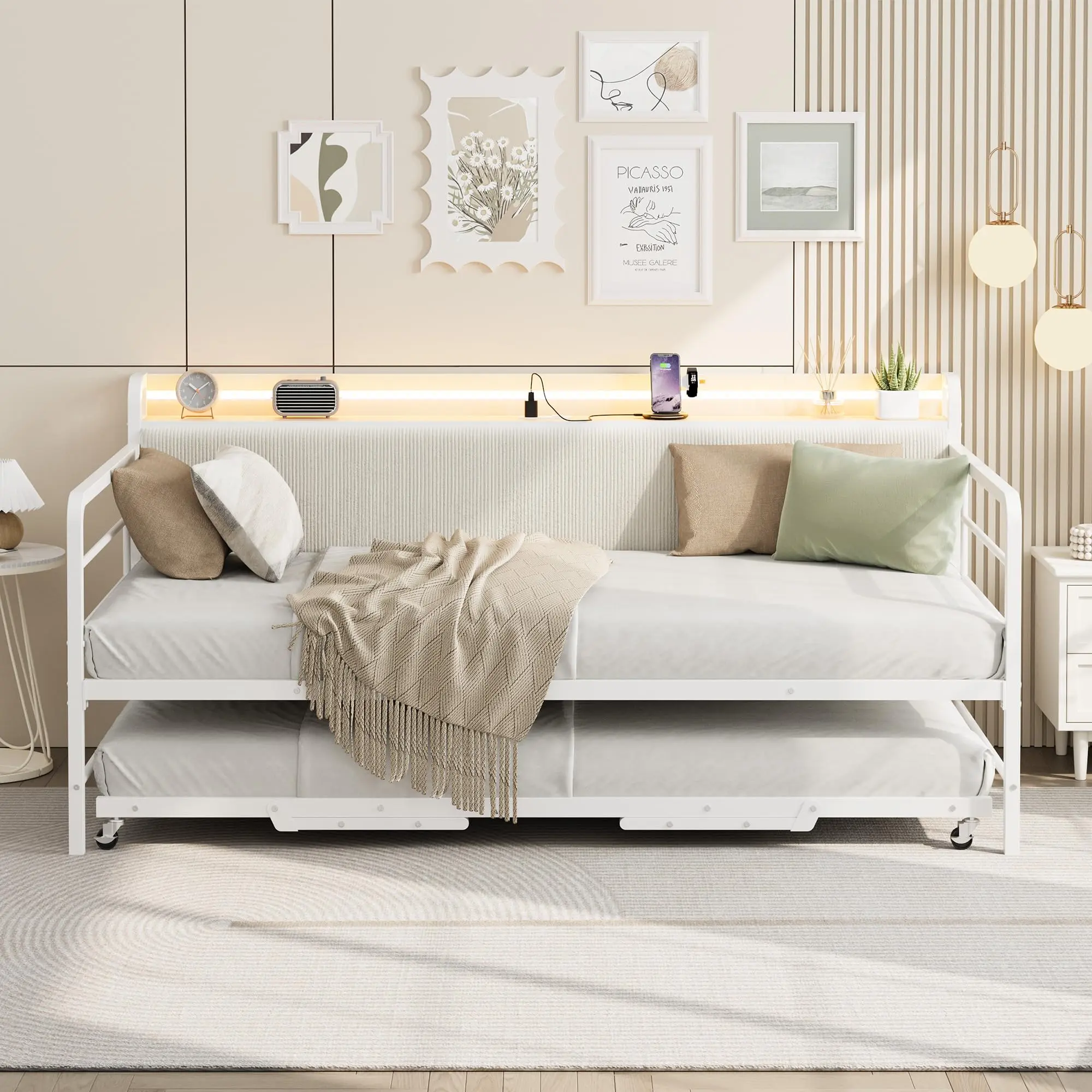 GAOMON Full/Twin Size Corduroy Upholstered Extendable Daybed with Trundle - Curved Design Beds, Sturdy Metal Frame, LED Light, Charging Station, Modern Bedroom, Sleek Sleep, Bed Frame Storage Solutions, Easy Set-Up for Living Room,Bedroom