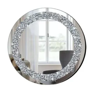 Crystal Crush Diamond Sparkly Round Silver Mirror for Wall Decoration 20x20x1 inch Wall Hang Frameless Mirror Elegant Bling