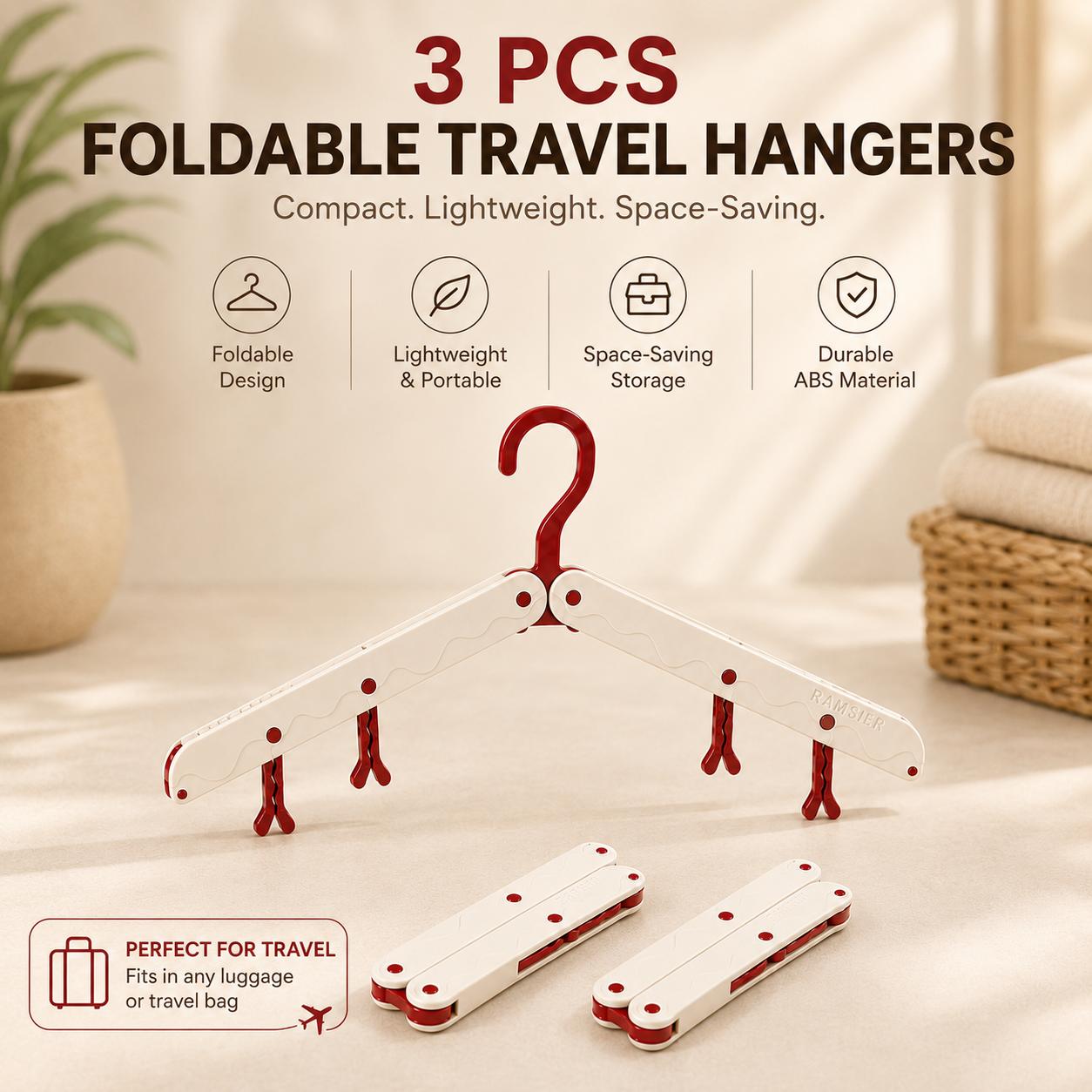 3 PCS Foldable Travel Hanging Hangers - Folds Flat, Travel Packs Space Saver, Non-Mark Non-Scratch Wrinkle-Free Garment Holder, Home Organizer, Small Closet Declutter Tool, Minimalist Decluttering