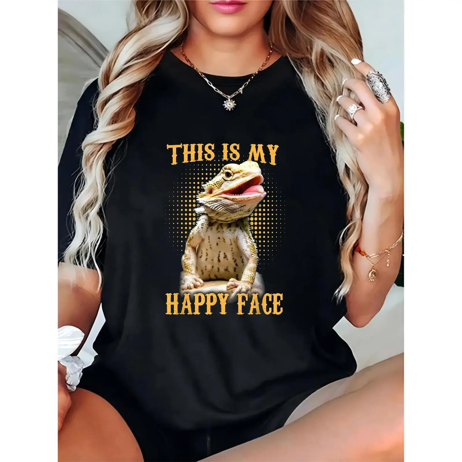 Women's Graphic T-Shirt with Funny 'This Is My Happy Face' Bearded Dragon Print, Casual 100% Cotton Relaxed Fit, Lightweight Comfortable Short Sleeve Crewneck, Clothes, Top, Tshirt, Crew Neck, Pure Cotton, Beardie Print, Skirts, Shortsleeve, Breathable