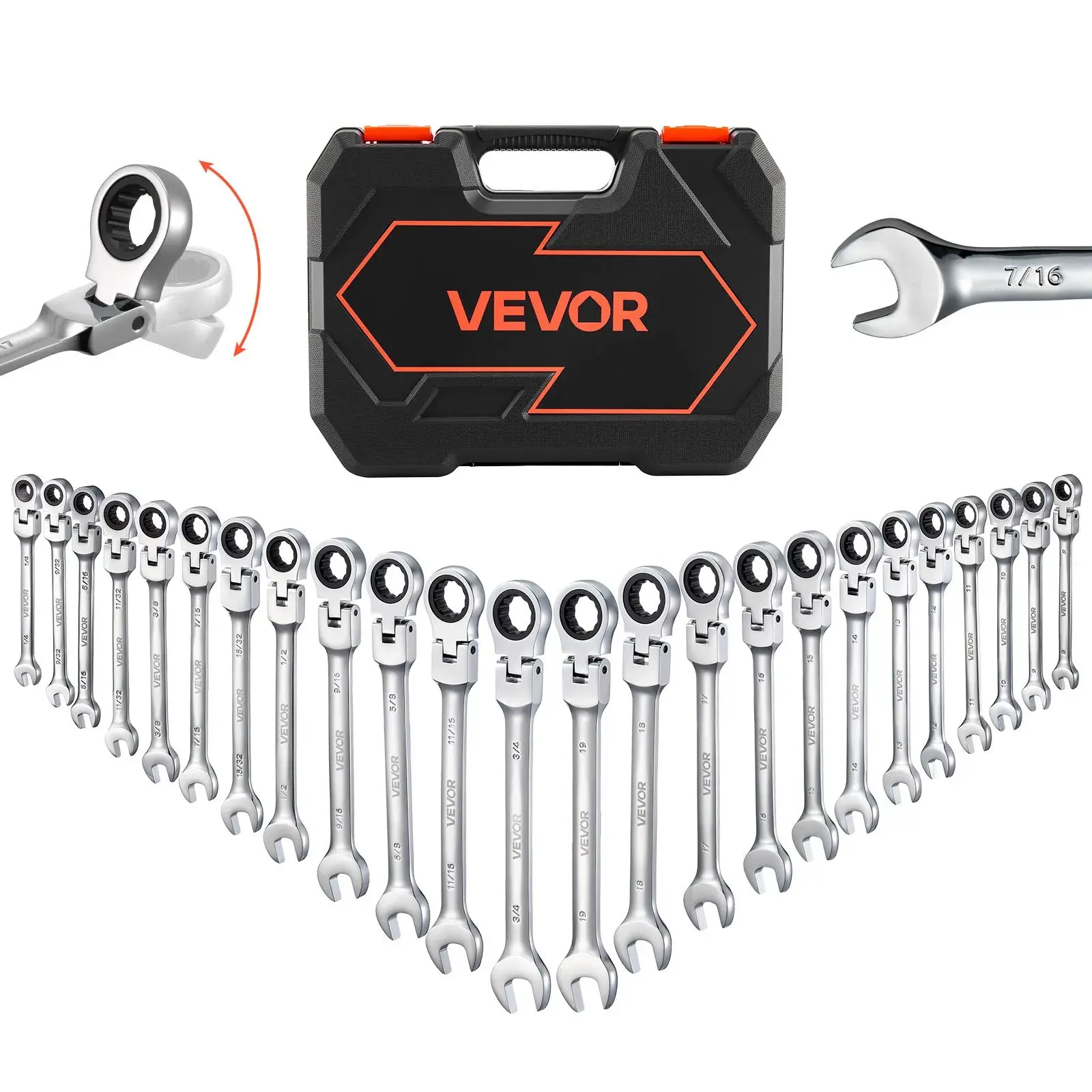 【fathersdaygift】VEVOR 24-Piece Flex-Head Ratcheting Wrench SetSAE & Metric Multifunctional Adjustable Combination Ratchet Wrenches72-Teeth Cr-V Steel Car & Automotive Tools with Storage CaseSilver for Household Repairs, Multifunctional Wrench, Adjustable,