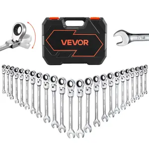 VEVOR Flex-Head Ratcheting Wrench Set, 24-Piece SAE and Metric, 72 Teeth, Cr-V Steel Ratchet Flexible Combination Wrench Set with Storage Case, for General Household and Automotive Repairs, Silver