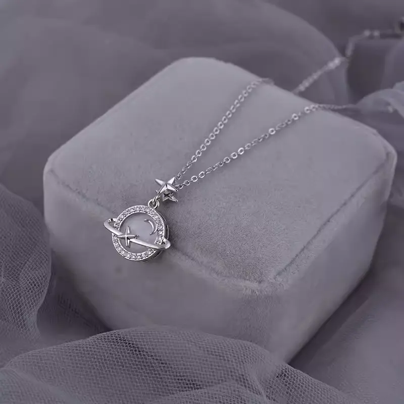 Star and Moon Orbit Necklace - Elegant High-Quality Alloy Crystal Accents Adjustable Chain Pendant Jewelry for Women's Daily Wear
