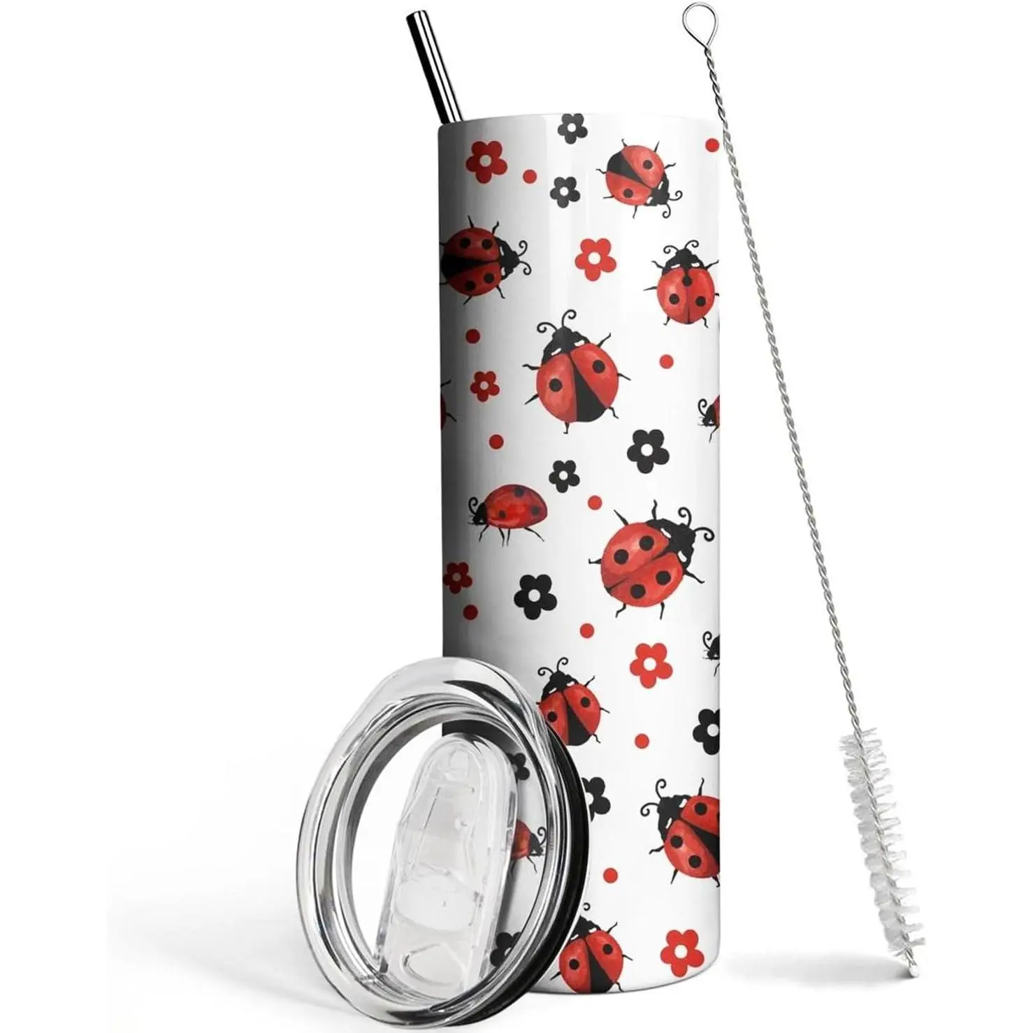 Ceovfoi 20oz Stainless Steel Skinny Vacuum Insulated Flask Tumbler - Ladybug Printed Transparent Coffee Mug with Lid, Straw, Bee-Themed Gift for Women, Travel Kitchenware