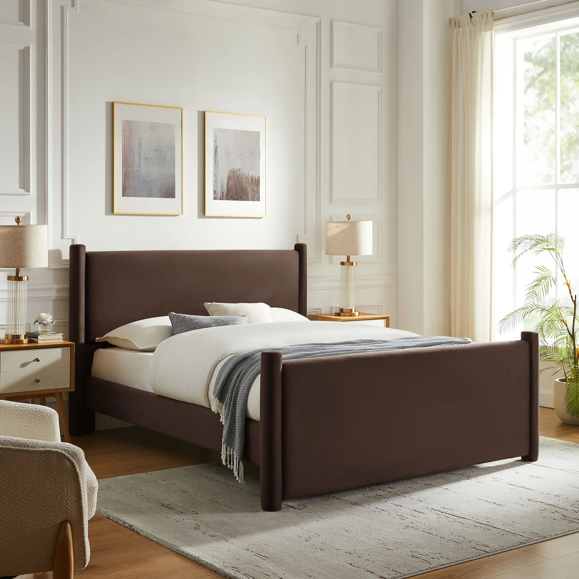 Rael Performance Velvet Queen Platform Bed in Chocolate Brown