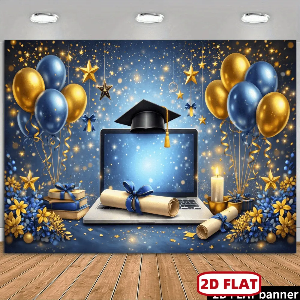 2D Flat Graduation-Themed Backdrop, Blue And Golden Balloons Surround a Laptop in The Center, Graduation Cap Placed on Top, Scroll And Gift Boxes Adorned, Background with Sparkling Stars, Suitable for Graduation P