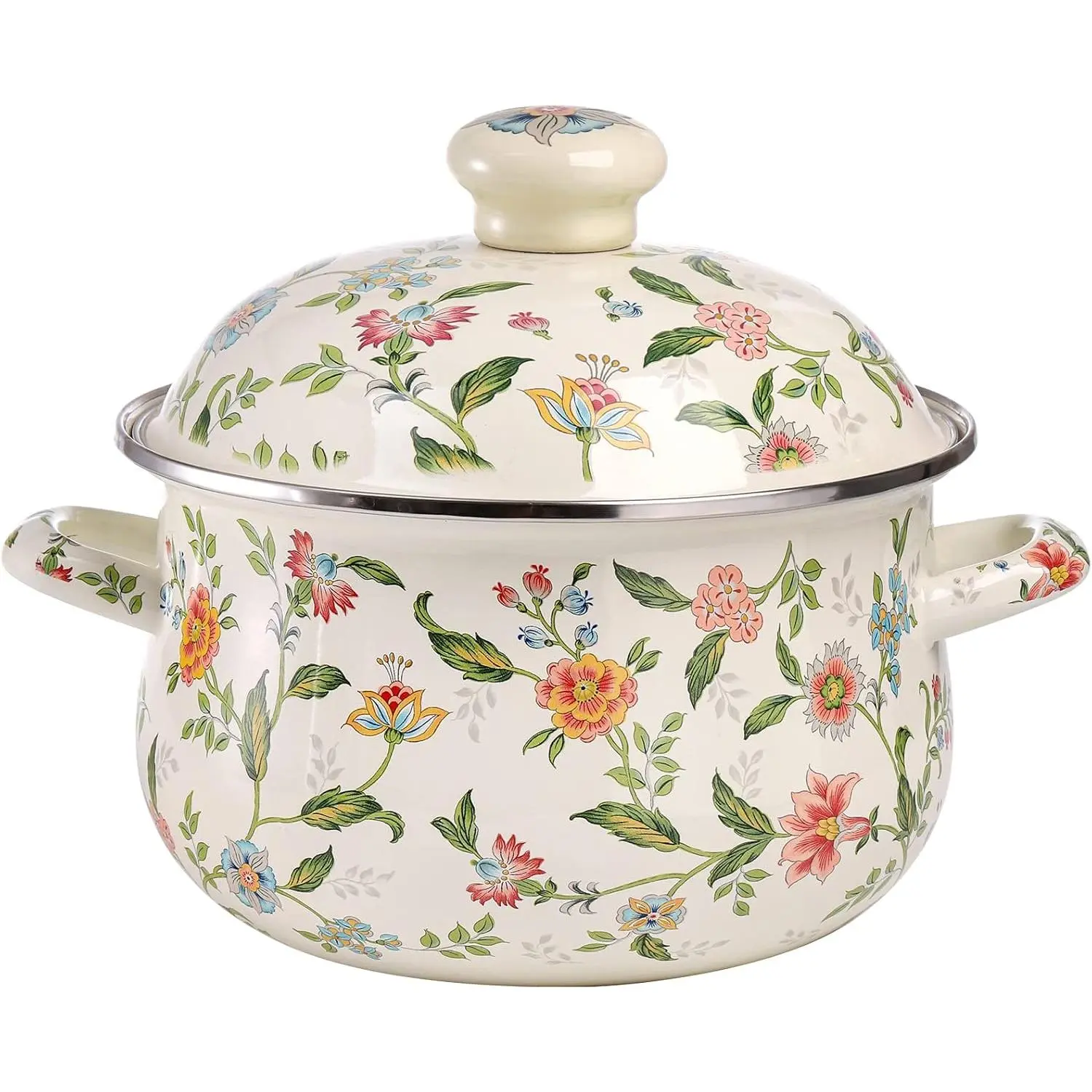 2.8 Quart Retro Enamel Cooking Pot with Lid Green Floral Pattern Enamel Cooking Pot with Double Handles Suitable for Gas and Electric Stoves Soup Pot Wedding Housewarming Bride Gift