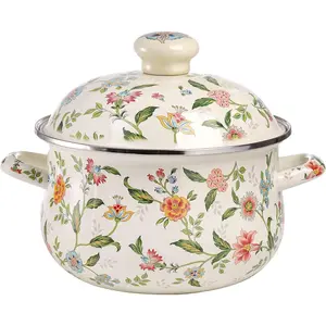 2.8 Quart Retro Enamel Cooking Pot with Lid Green Floral Pattern Enamel Cooking Pot with Double Handles Suitable for Gas and Electric Stoves Soup Pot Wedding Housewarming Bride Gift