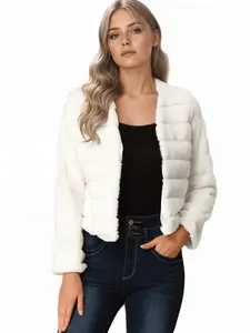 INSPIRE CHIC Winter Warm Cropped Jacket Collarless Faux Fur Fluffy Coat
