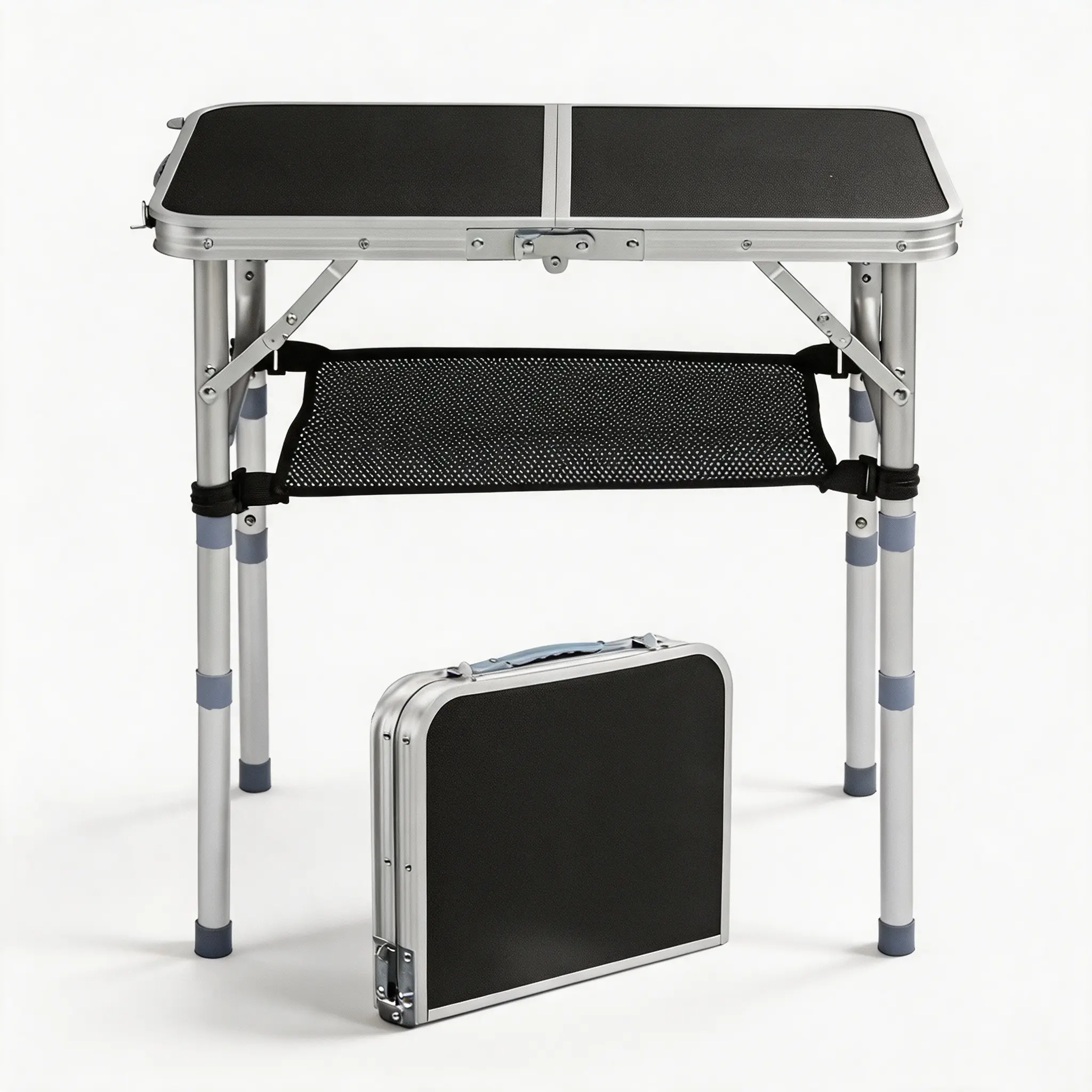 Small Aluminum Folding Table 2ft, Portable Picnic Camping Table with 3 Adjustable Heights & Carry Handle, Lightweight Black Patio Side Table for Outdoor Indoor Hiking BBQ Beach, Home Decor, Camping Essentials