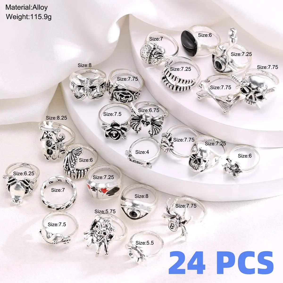 Men's Gothic Skull & Spider Ring Stack - 24-Piece Punk Playing Cards Metal Coating Jewelry, Occult Motifs Bold Music Goth Alt Accessories, Boxed Edgy Gift Set for Halloween Christmas
