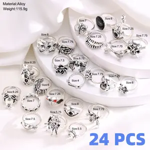 Gothic Hip-Hop Skull & Spider Ring Set - 24 Piece Punk Playing Cards Jewelry for Men Women Edgy Gothic Accessories for Halloween Christmas Gift Metal Coating