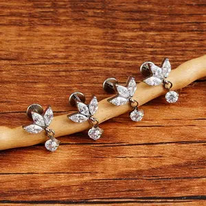 Right Grand Implant Grade Titanium 16G Triple Marquise CZ Internally Threaded Labret Monroe Lip Cartilage Helix Stud Earring Value Set 1 Pair Women's Marquis Flower Earrings Standard Size 16 Gauge 1.2mm Rod Length 6mm Bracelet Men