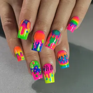 Jumping Color Gradient Drip Press On Nails | CurvLife Nail | 24pcs Medium Coffin Fake Nails | Glossy Finish with Vivid Color Blend & Drip Design | Easy to Apply, Comfortable & Long-Lasting | Ideal for Daily Wear, Music Fests, Carnivals & Energetic Events