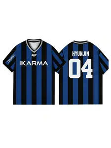 SKZ "KARMA" series blue and black striped V-neck jersey T-shirt for men and women, casual short sleeved top