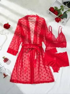Women's Sexy Lingerie Set, 4-Piece Lace Robe with Bra & Panties, Thin Transparent Sleepwear Loungewear, Floral Pattern, All Seasons