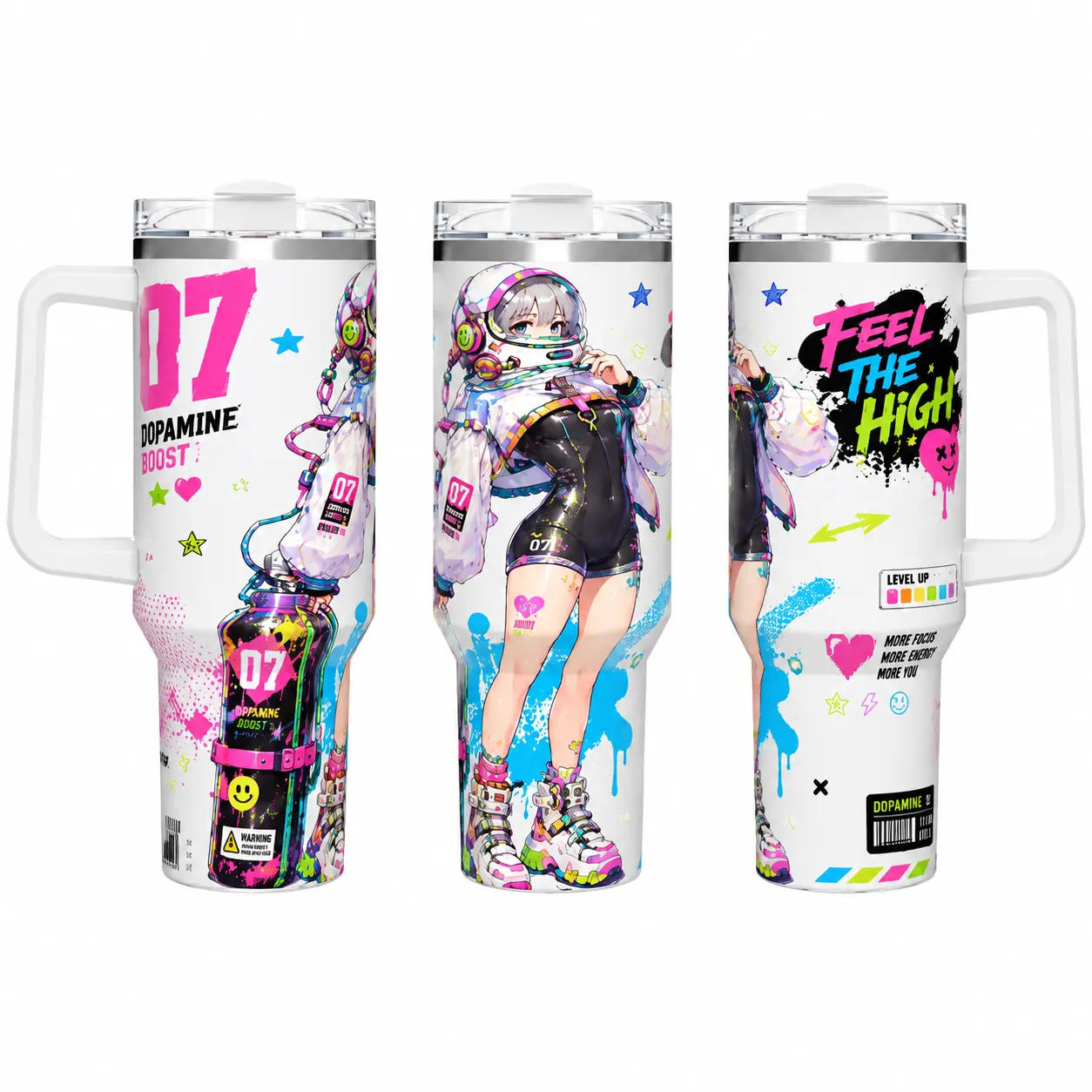 40oz Portable Stainless Steel Insulated Tumbler - Dopamine Boost Anime Space Girl Design, Cyberpunk Graffiti Style, with Handle & Straw, Cold/Hot Retention, Cup Holder Friendly for Gym, Travel